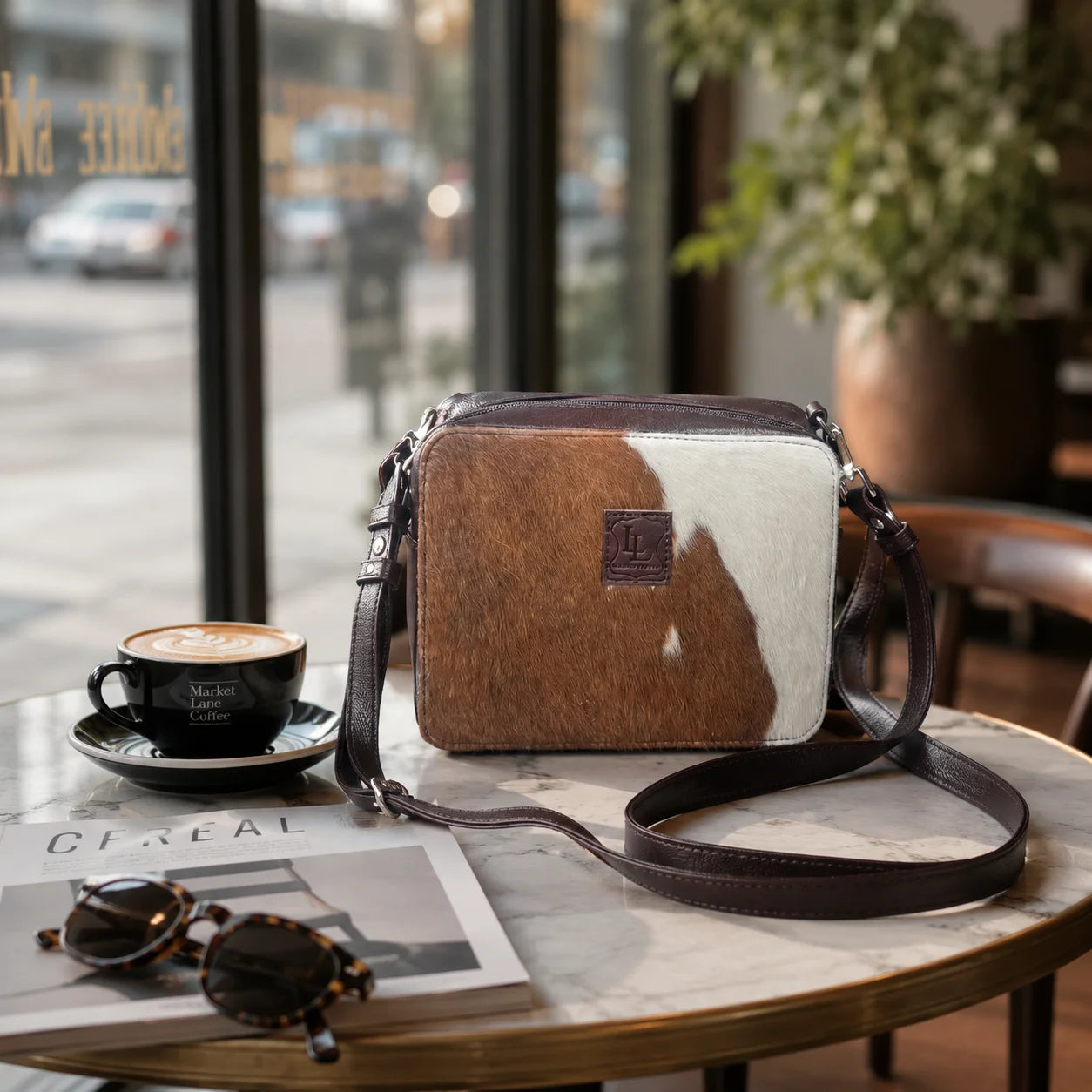 Cowhide Box-Style Crossbody Purse