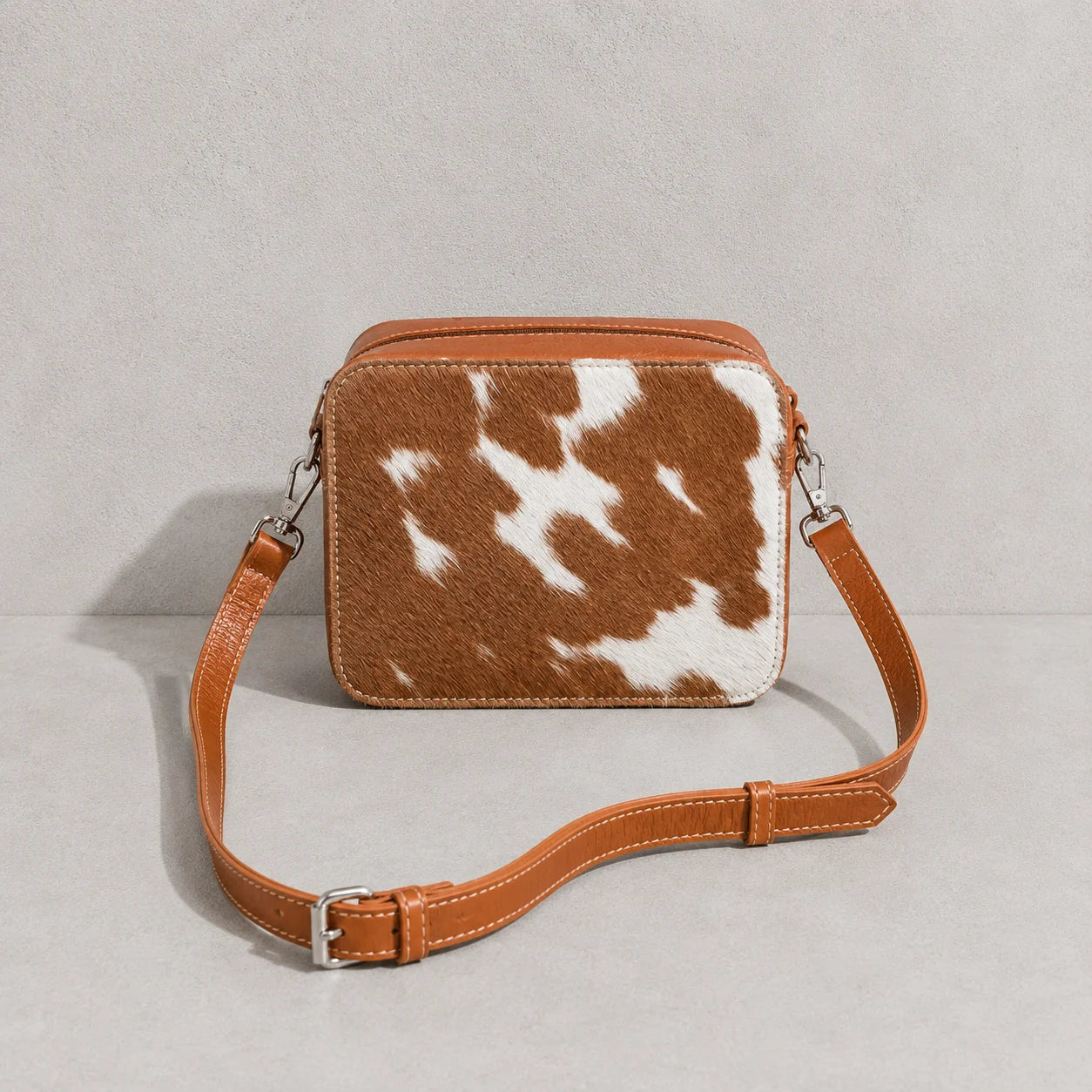 Cowhide Box-Style Crossbody Purse